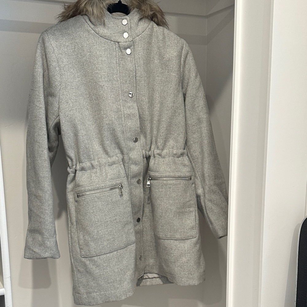 Maurices Light Gray Jacket with Removable Faux Fur Trim